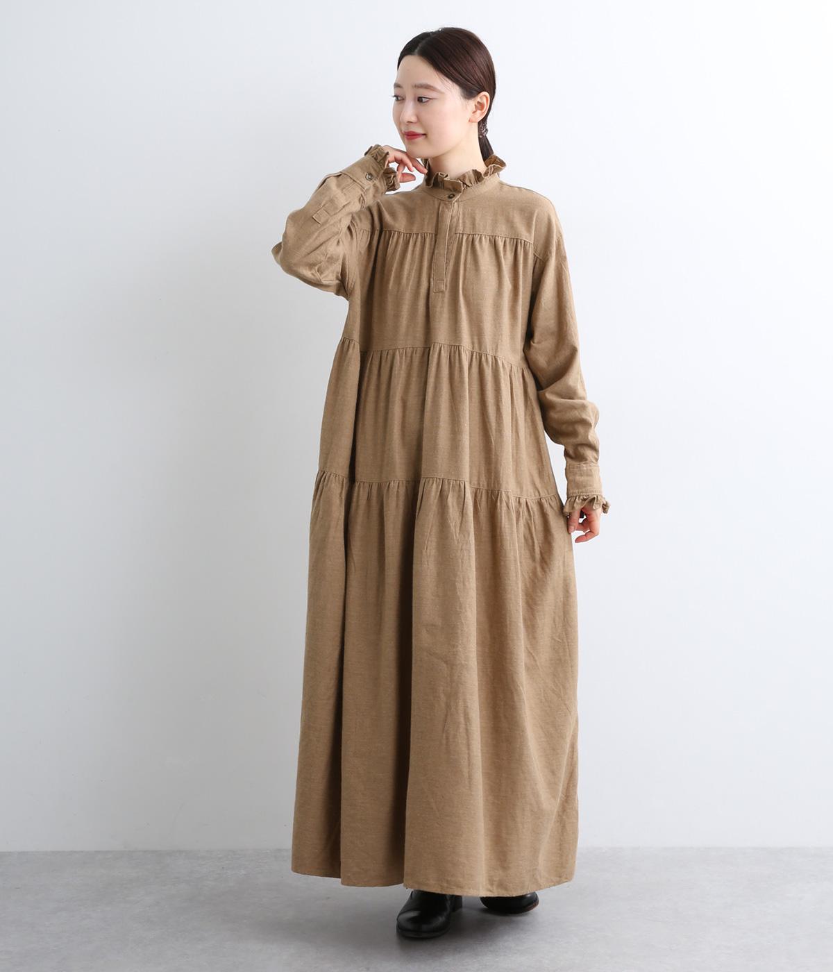 コットンメランジ　フリルティアードワンピース(ベージュ-F)