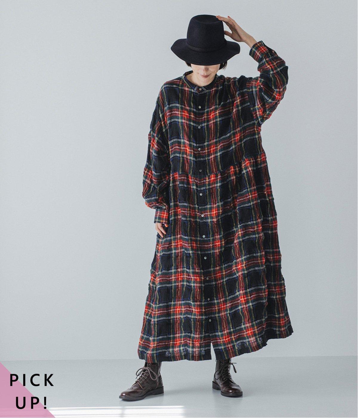 コットンウールタータンチェックシャツワンピース(ブラック-F)