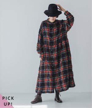 コットンウールタータンチェックシャツワンピース(ブラック-F)