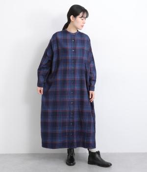 オーガニックコットン　インディゴチェックワンピース