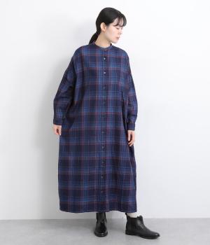 オーガニックコットン　インディゴチェックワンピース(レッド-F)