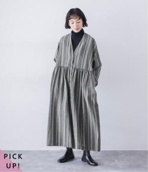 リネンコットン オリジナルランダムストライプ　ドレス