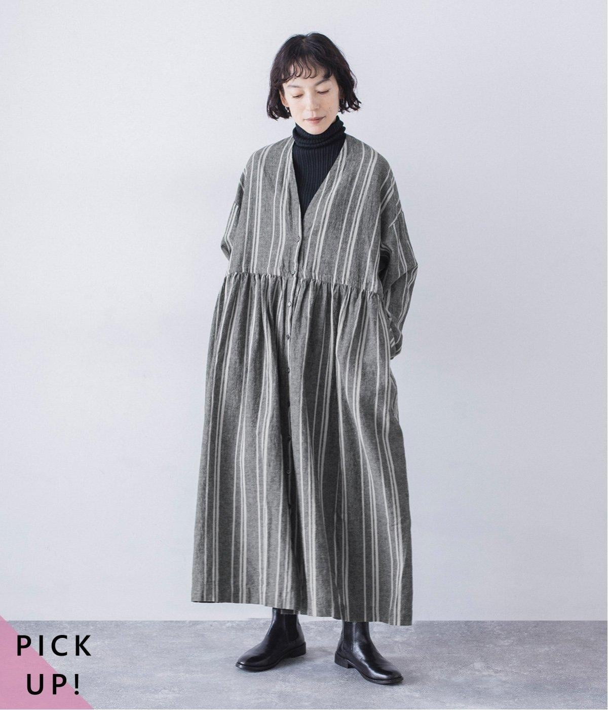 リネンコットン オリジナルランダムストライプ　ドレス(チャコール-F)