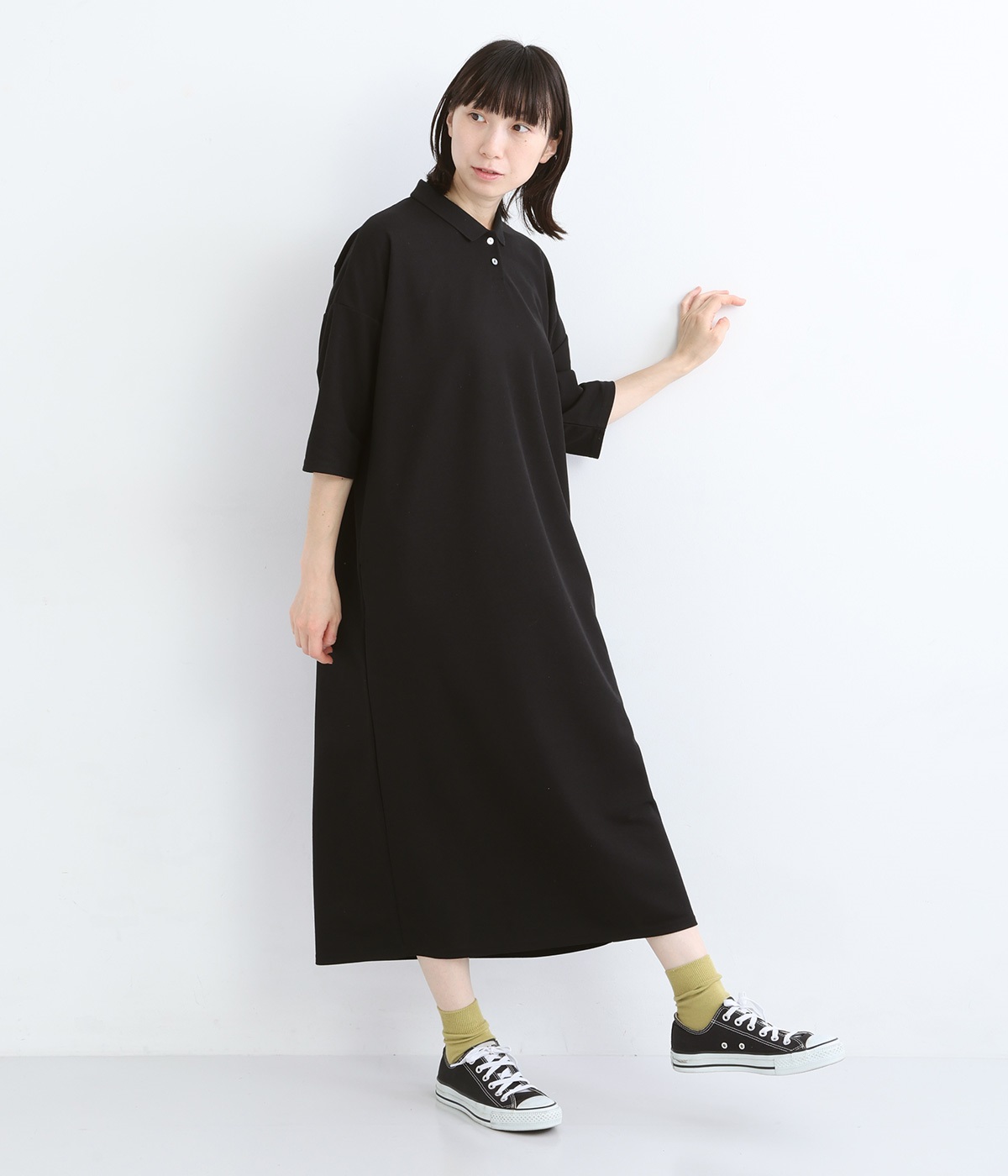 ハニカムコットンチビ襟ポロワンピース(ブラック2-ONESIZE)