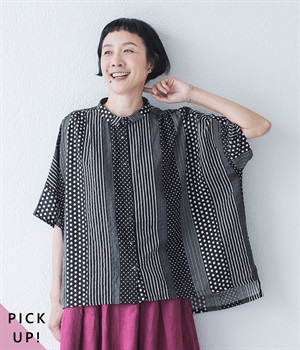 別注｜パッチワークプリント　ふんわりちび襟ブラウス(ブラック-ONESIZE)