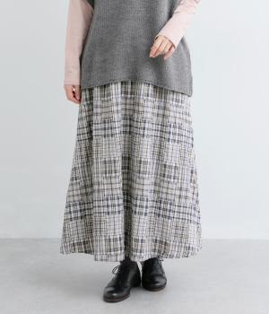 コットンパッチワークパターン　ねじり干しギャザースカート(ブルー-F)