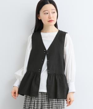 フレンチリネンキャンバスウエスト切替ギャザーベスト