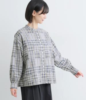 コットンパッチワークパターン　多ボタンブラウス(ブルー-F)