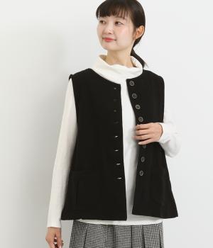 コットンウールカルゼ後ろ切替多ボタンベスト(ブラック-F)