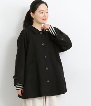 ハンモウウール襟付き後ろタックハーフコート(ブラック-F)