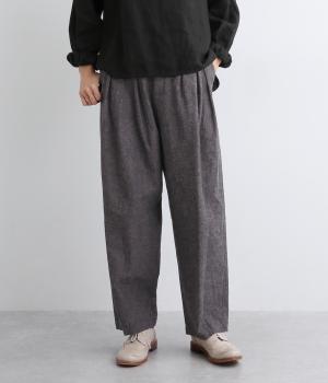 コットンリネンキャンバス前タック後ゴムパンツ(ブラック杢-ONESIZE)