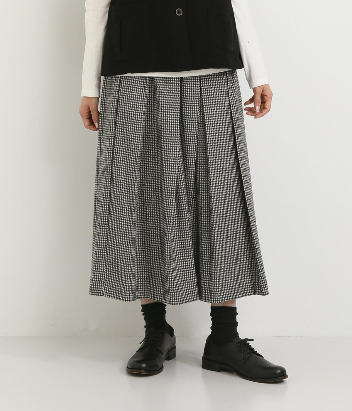 ウール混先染めフラノチェックウエスト総ゴムタックスカート(アイボリー×ブラック-F)