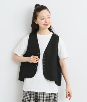 ヴィンテージリネンクロスボタン後ろ下がりベスト(ブラック-ONESIZE)