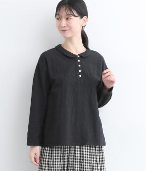 コットンドビークロスハンドルワッシャー襟付きプルオーバー(ブラック-F)