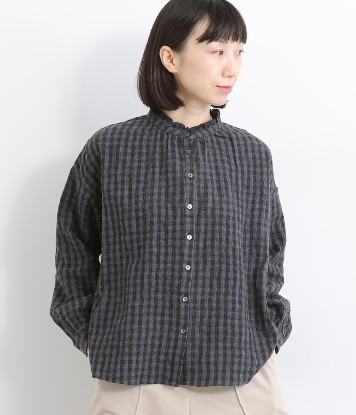 コットンウールディンプルリファインギンガム襟フリルブラウス(ブルー×グレー-F)