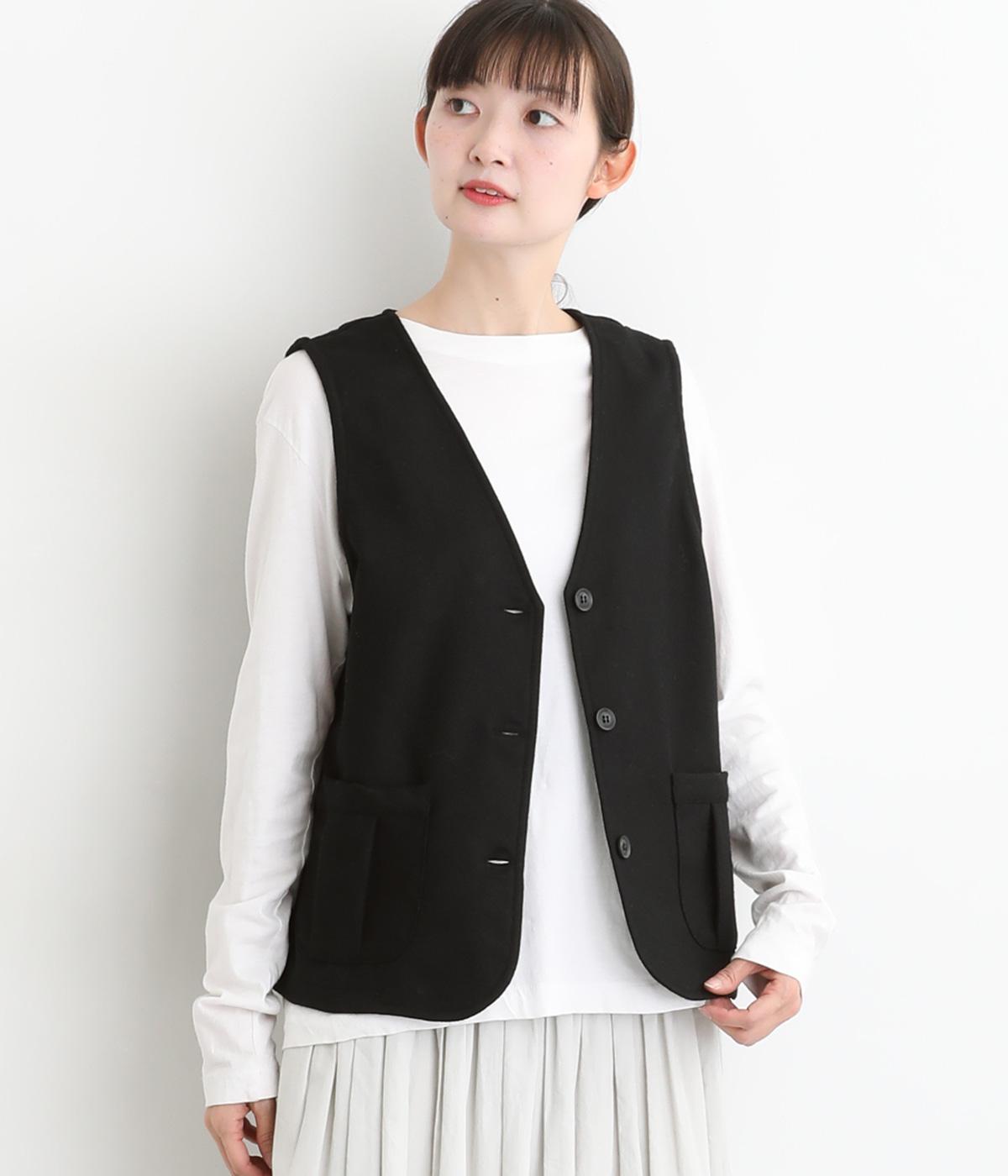 ウールフラノV開きパッチポケット付きベスト(ブラック-F)