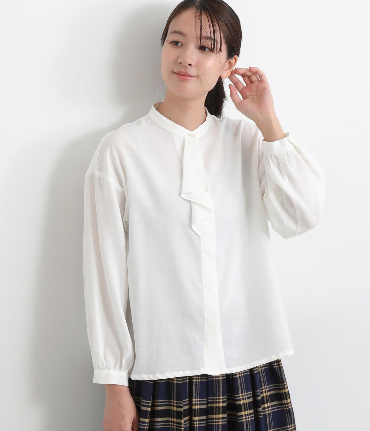 コットンウール襟フリルブラウス(オフホワイト-F)