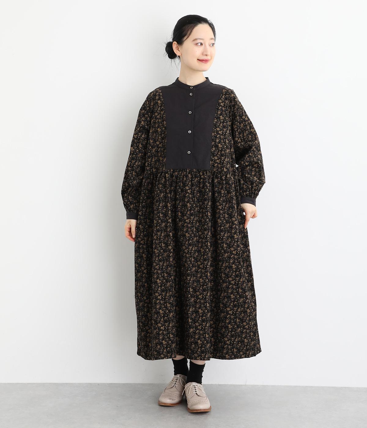コットンシャツコール単色花柄プリント配色切替ワンピース（ina）の