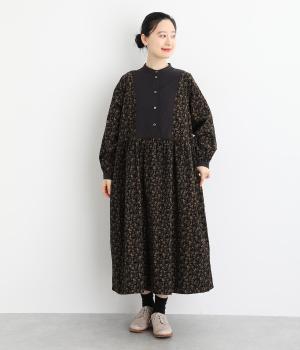 コットンシャツコール単色花柄プリント配色切替ワンピース