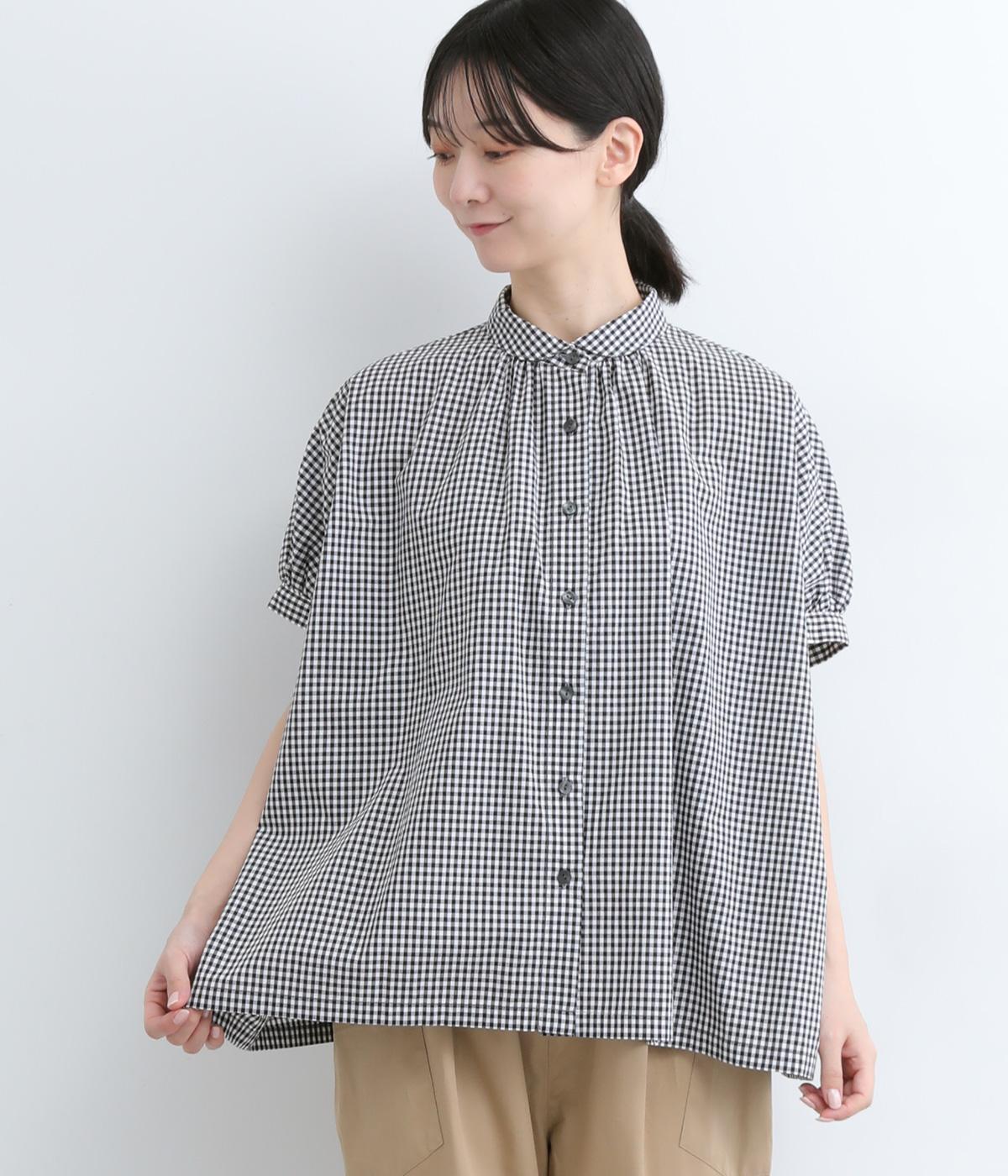 ブロード　ワイドギャザーブラウス(ギンガム-ONESIZE)