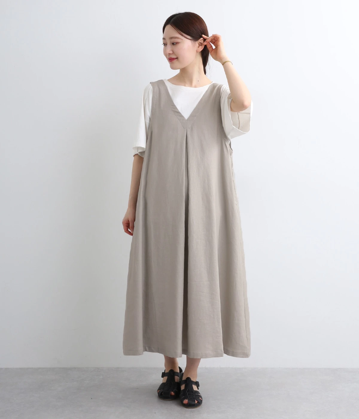 リネンレーヨンツイル　2wayジャンパースカート(グレージュ-ONESIZE)