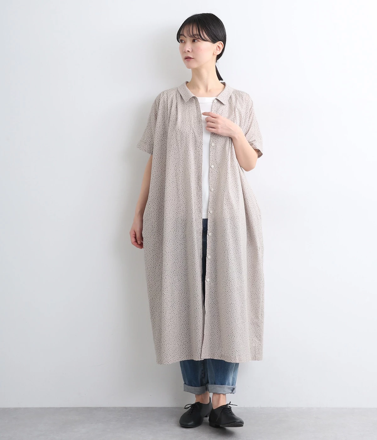 ローンランダムドットプリント フロントタックワンピース(ベージュ-ONESIZE)