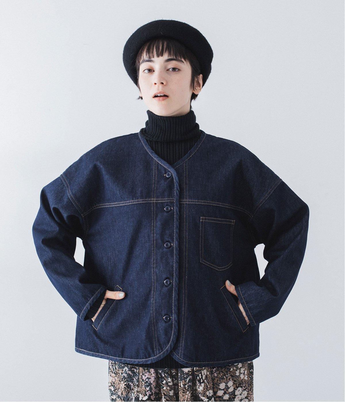 裏ボアデニム　あたたかノーカラージャケット(ネイビー-F)