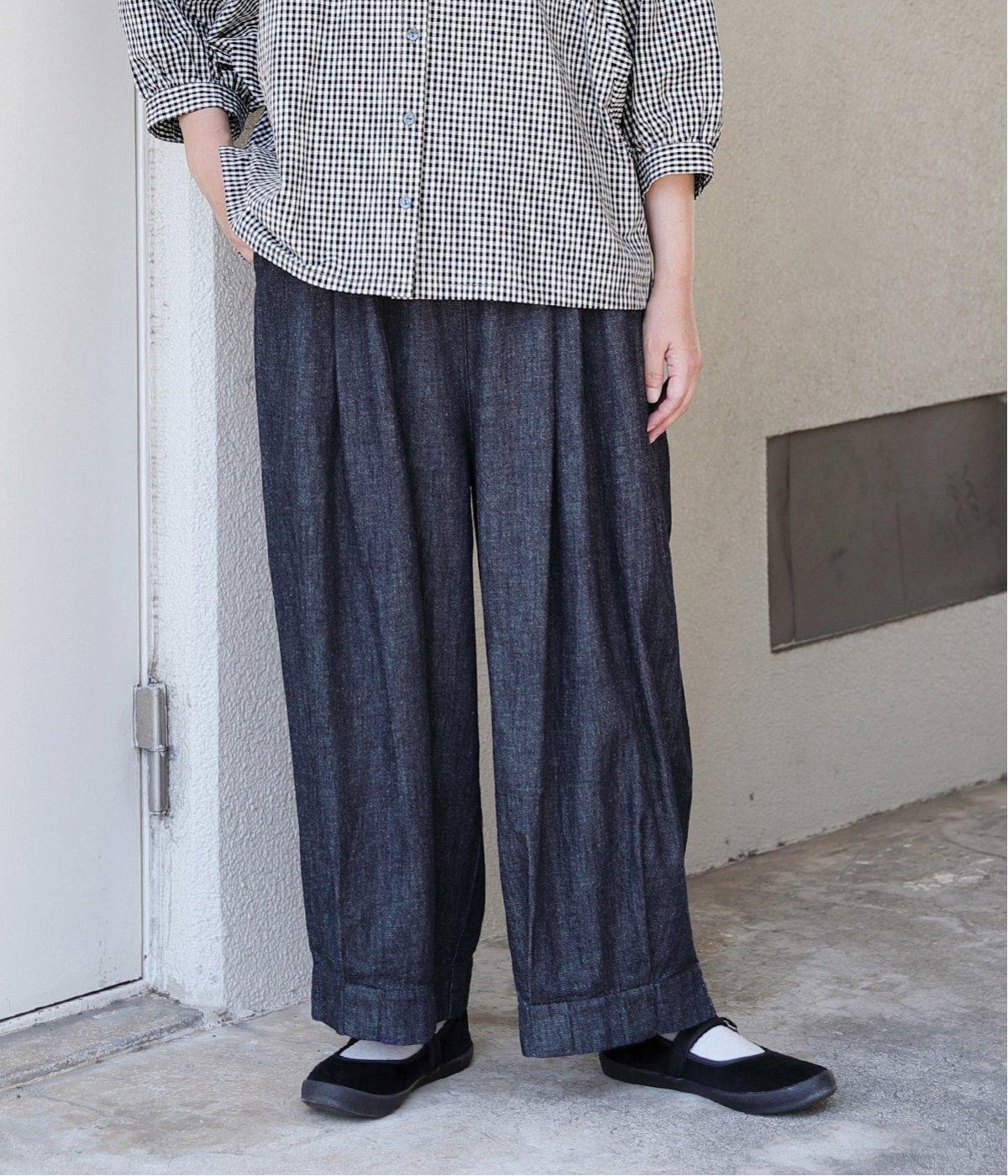 コットンリネンデニム　裾タックパンツ(ネイビー-ONESIZE)