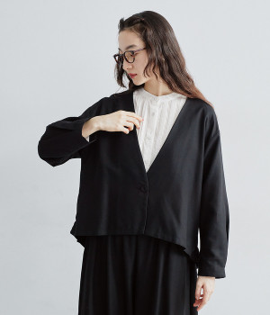 コットンレーヨンノーカラージャケット(ブラック-ONESIZE)