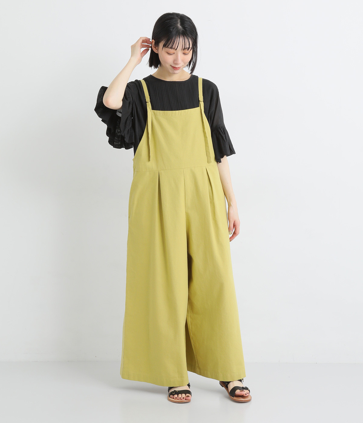コットンリネン太番手平織り無地サロペット(イエロー-ONESIZE)