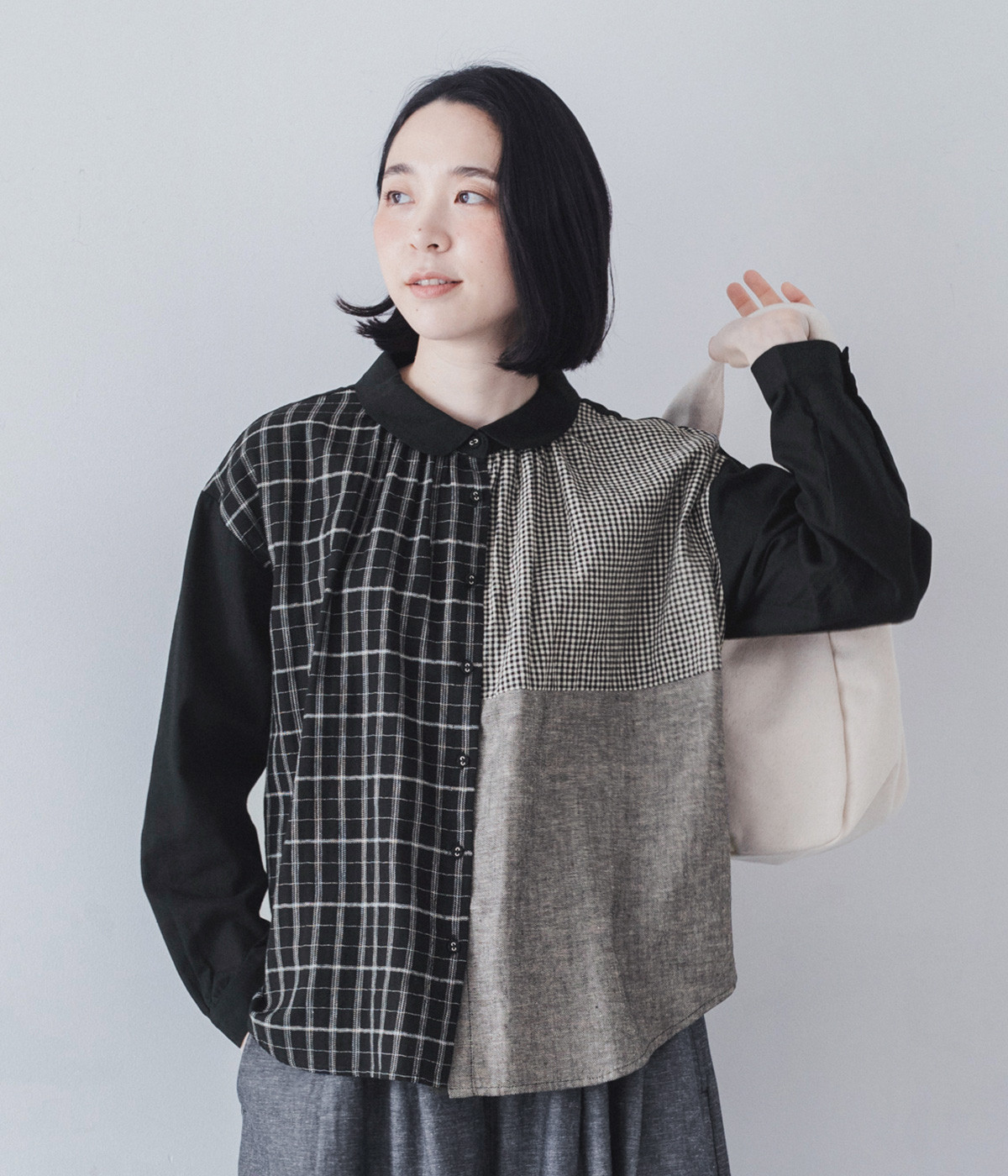コットンリネンパッチワークハオリブラウス(ブラック-ONESIZE)