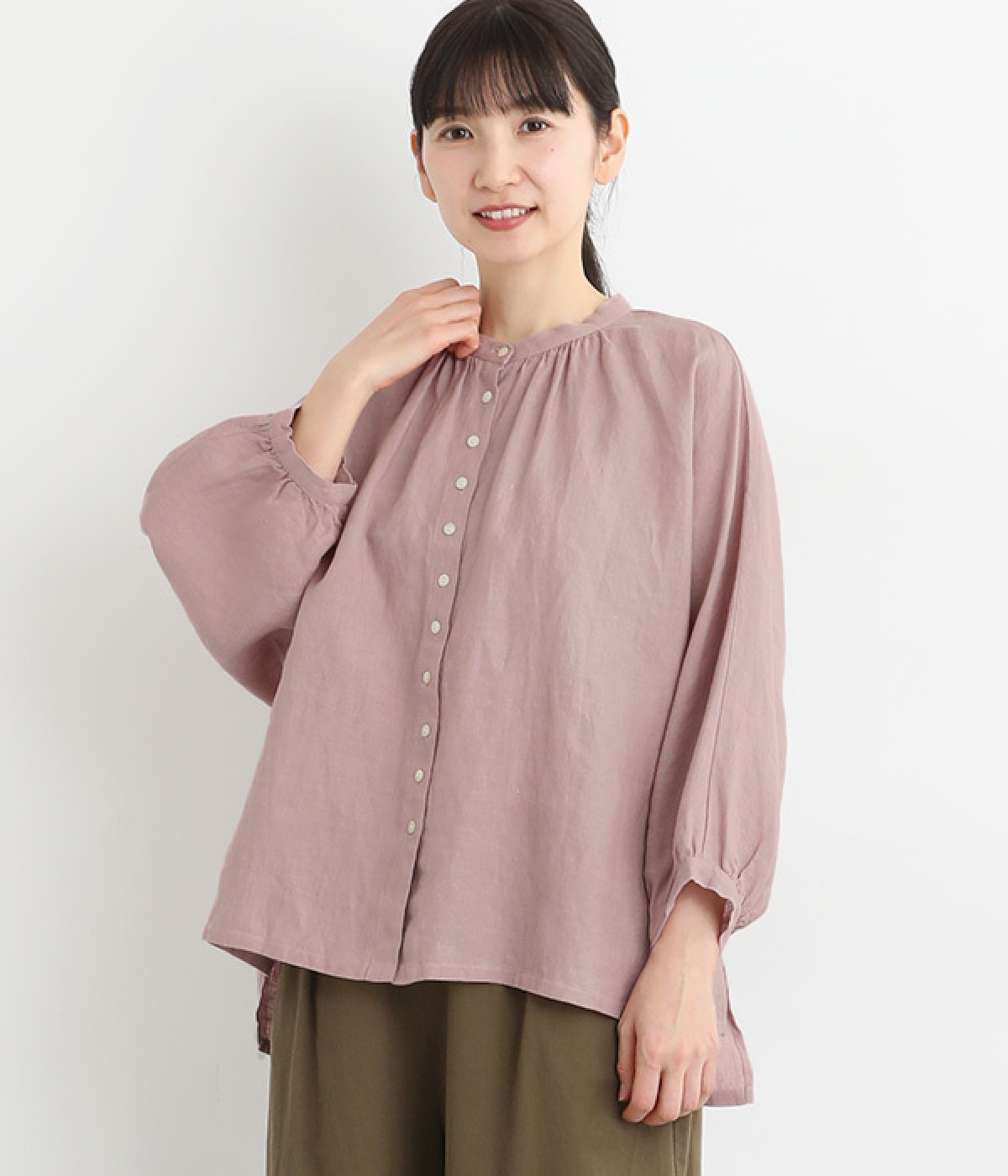 シェルボタンリネンドルマンブラウス(ピンク-ONESIZE)