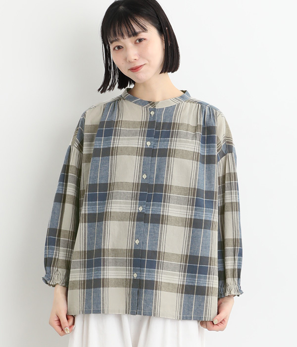 コットンリネンチェックギャザーブラウス(ブルー-ONESIZE)