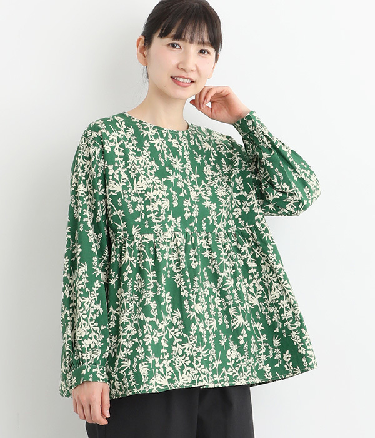 コットンフラワープリント2wayブラウス(グリーン-ONESIZE)