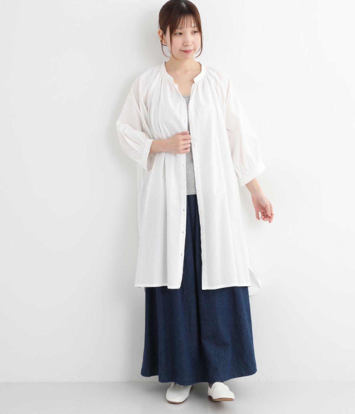 コットンレーヨン平織り無地ラグランスリーブチュニック(ホワイト-ONESIZE)