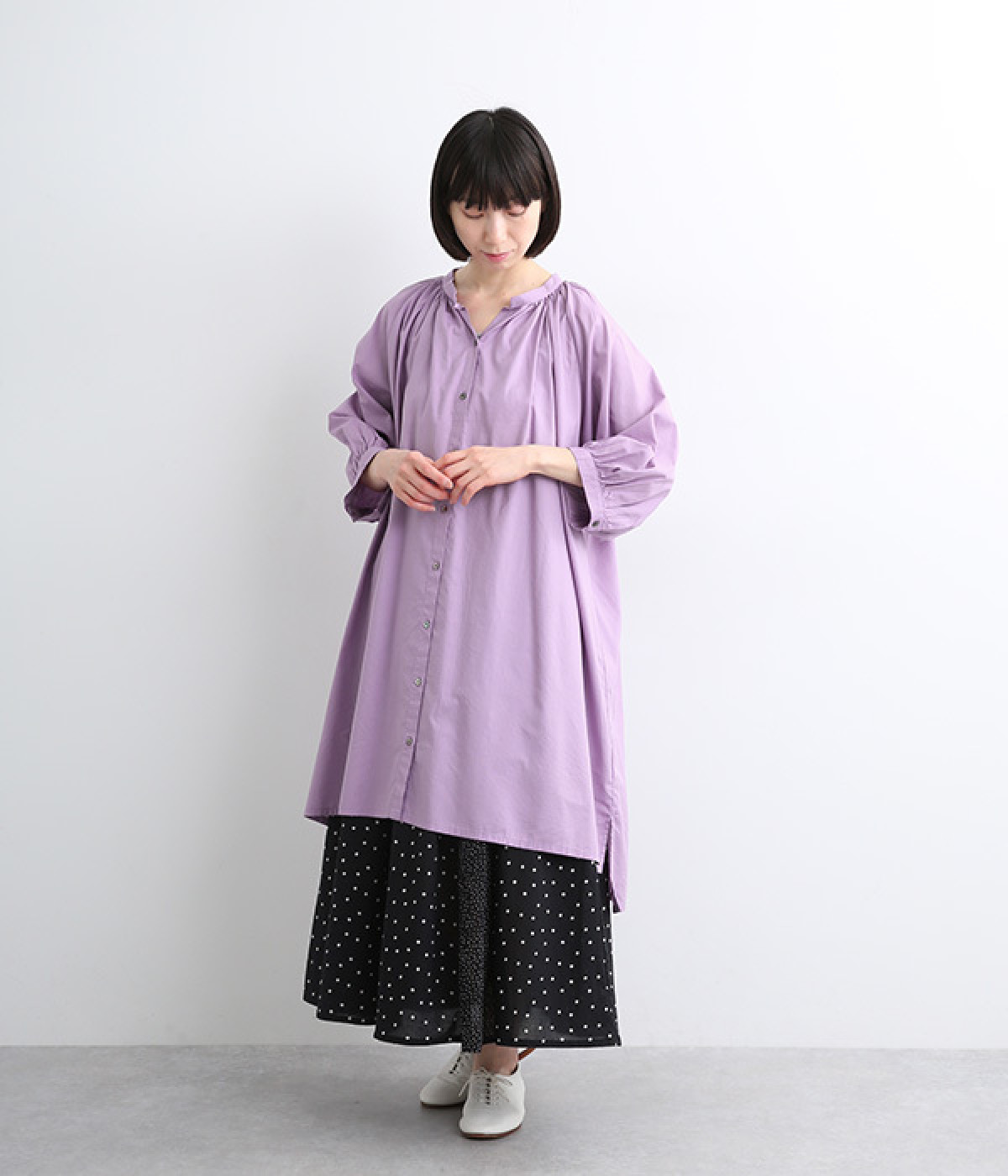 コットンレーヨン平織り無地ラグランスリーブチュニック(パープル-ONESIZE)