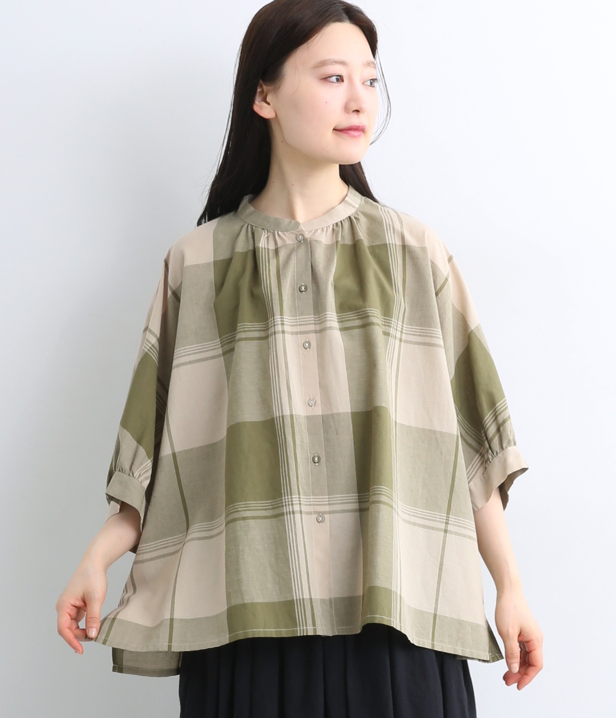 コットンリネン細番手ブロックチェックブラウス(グリーン-ONESIZE)