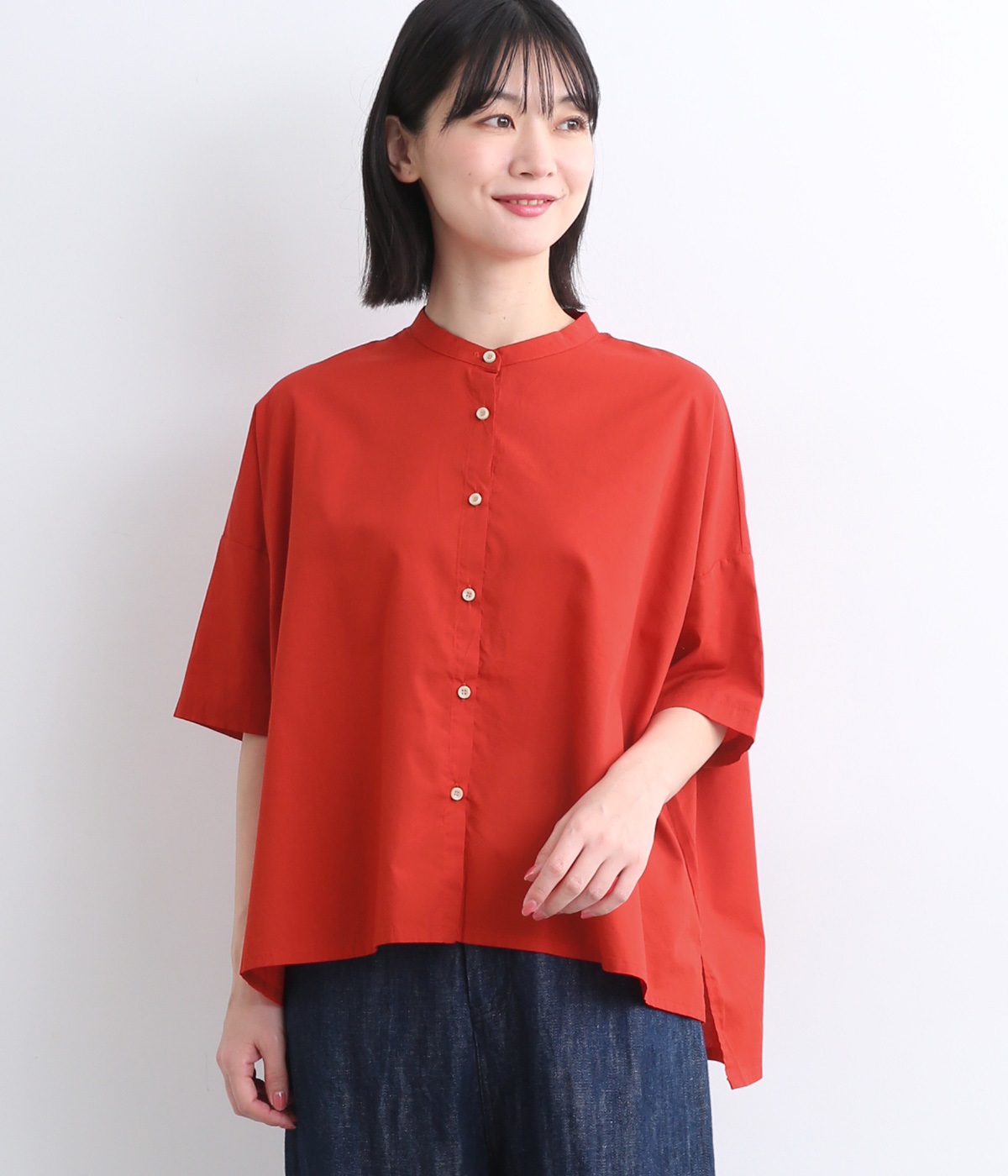 コットンレーヨン平織り無地　ワイドシルエットブラウス(レッド-ONESIZE)