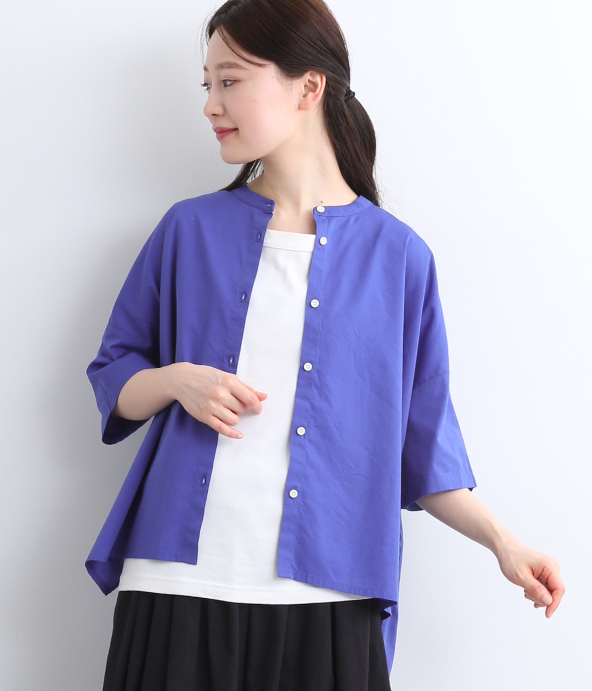 コットンレーヨン平織り無地　ワイドシルエットブラウス(ブルー-ONESIZE)