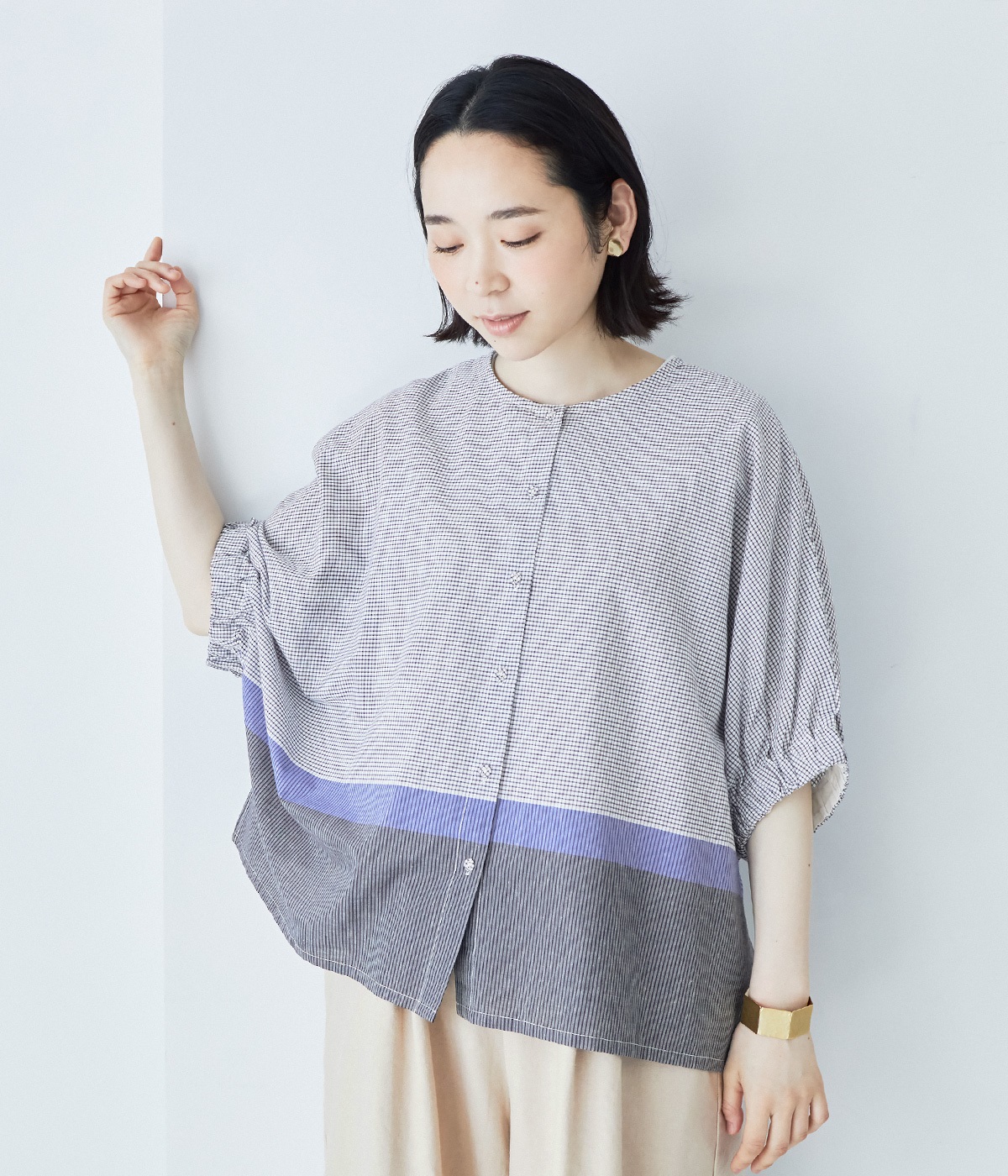 コットンリネン細番手パネルチェック2wayドルマンブラウス(ネイビー-ONESIZE)
