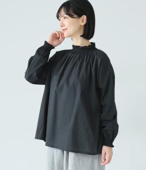 コットン細番手シャーリングブラウス(ブラック-F)