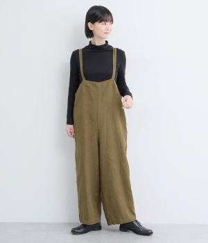 リネン太番手　肩ひも二重サロペット(モカ-F)