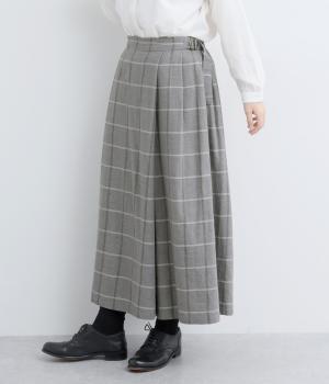 コットンリネン　チェックラップフレアパンツ(グレー-F)