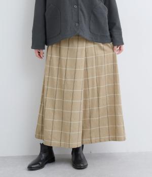 コットンリネン　チェックラップフレアパンツ(ベージュ-F)