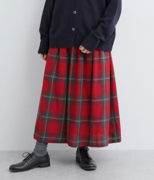 コットンリネン　チェックギャザーフレアスカート