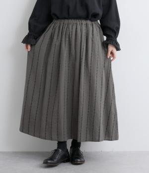 コットンリネン　総刺繍ギャザーフレアスカート(ダークグレー-F)