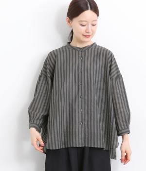 コットンストライプ後ギャザーブラウス(ブラック-ONESIZE)