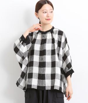 リネンブロックチェックドルマンブラウス(ブラック-ONESIZE)