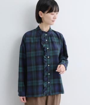 コットンリネン　チェックフリルブラウス