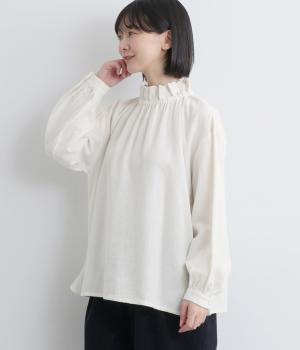 コットンリネン　襟フリルレース刺繍ブラウス
